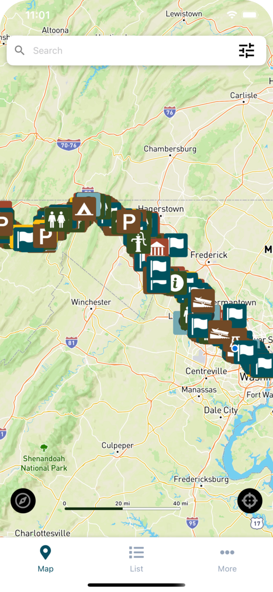 C&O Canal Explorer app showing the map of points of interest along the canal