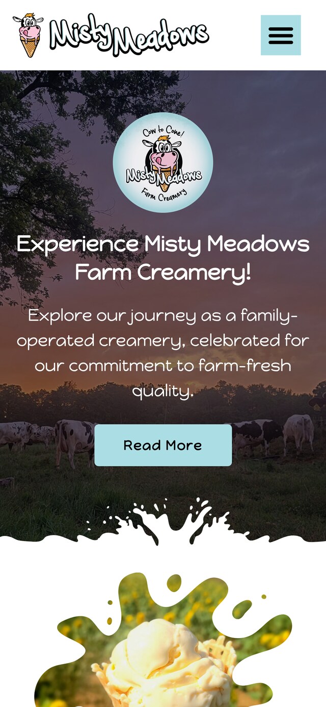 Misty Meadows Farm Creamery website shown on a smartphone